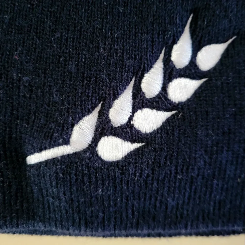 Mens Wheat Spike Embroidered Navy Knit Stripe Beanie